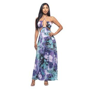Blue 🌺 Watercolor Print Cutout Maxi Dress – Flowy & Sexy